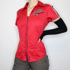 Harley-Davidson Red Short Sleeve Zip Front Racing Shirt with Black & White Trim